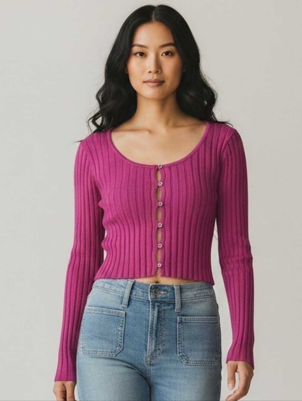 Pink Rose Women’s S Magenta Ribbed Cropped Cardigan Button Front Y2K